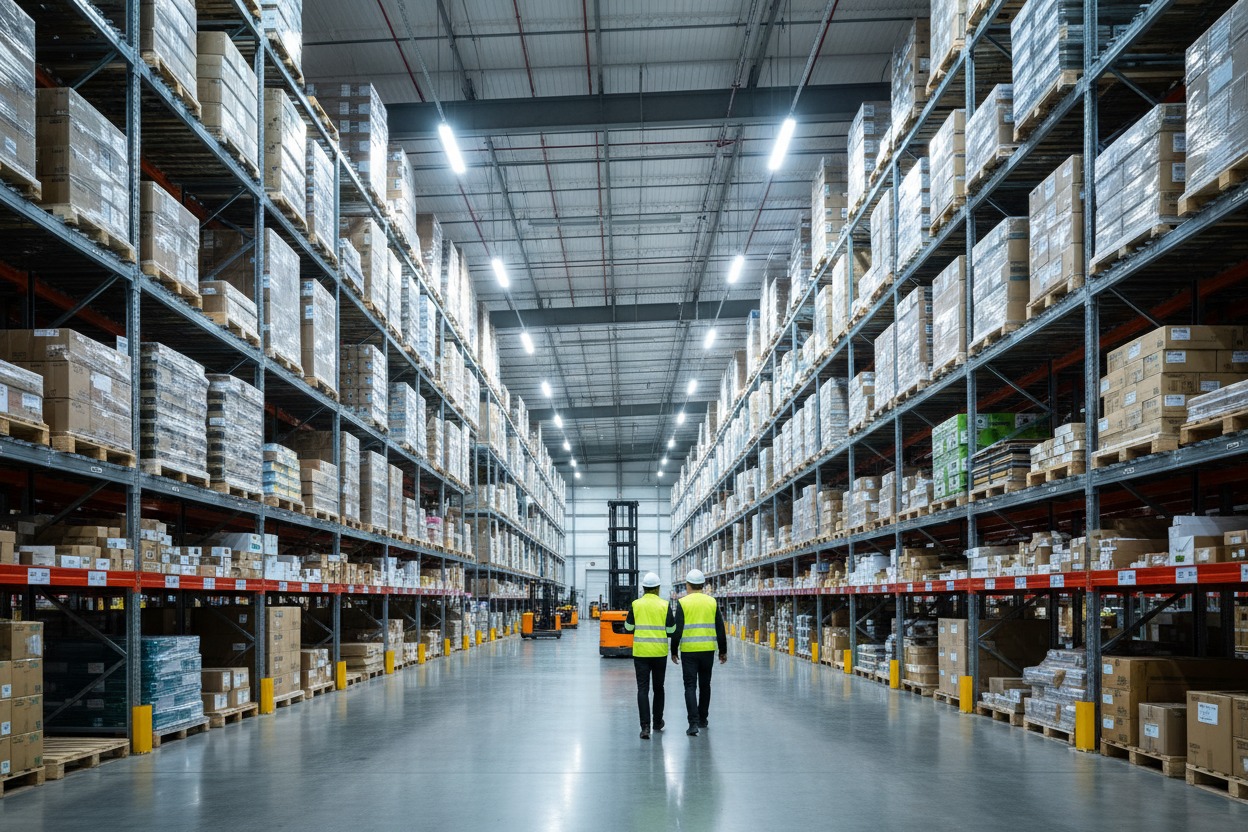 Zwei Lagerarbeiter in Warnwesten gehen durch den Mittelgang eines großen Logistikzentrums mit hohen Regalen voller Waren.