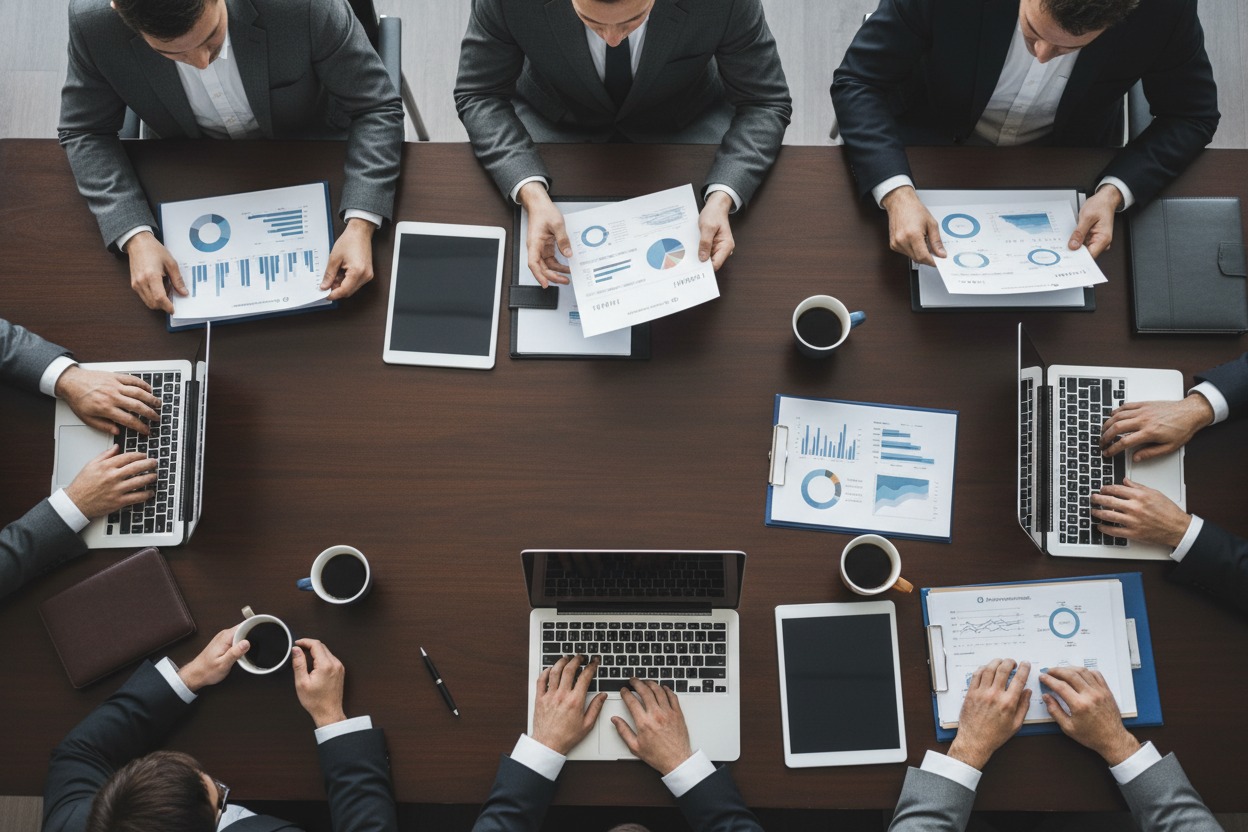 Eine Gruppe von Geschäftsleuten sitzt an einem Konferenztisch und arbeitet gemeinsam an Dokumenten, Laptops und Tablets.